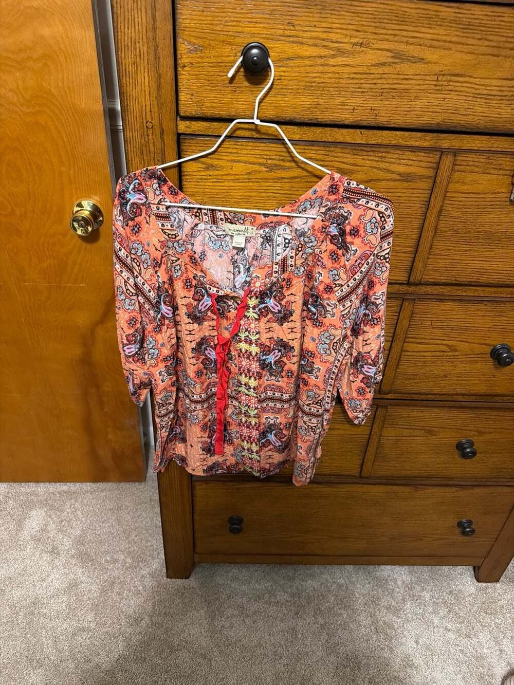 One World Live and Let Live Orange Multi Boho Floral Paisley Crochet Peasant Blo